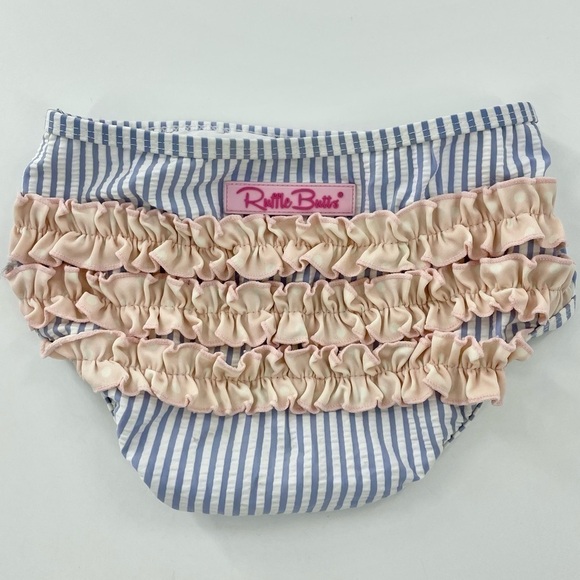 Ruffle butts Seersucker blue stripe pink ruffle swim bottoms 4T - Picture 1 of 5